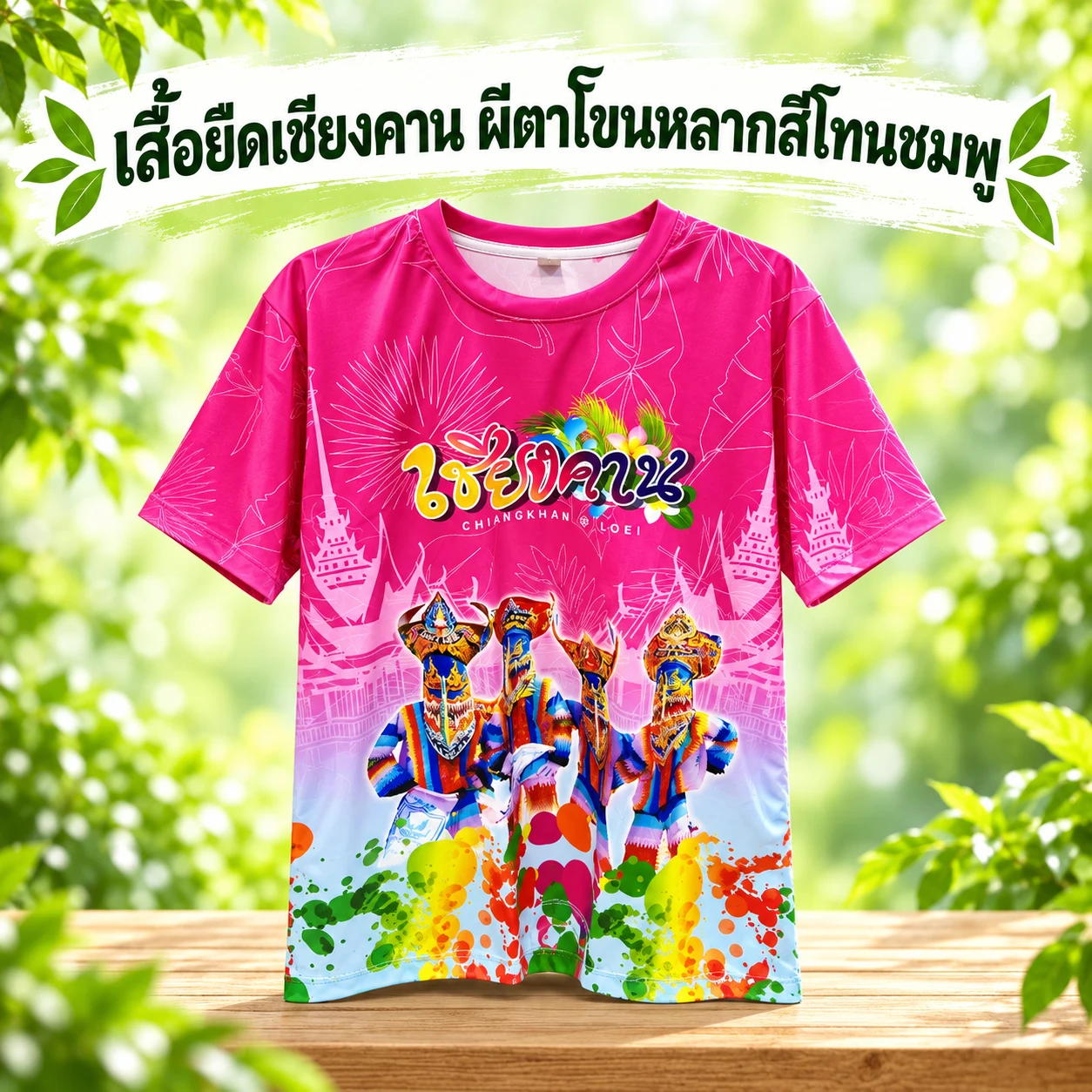 เสื้อยืดเชียงคาน ผีตาโขนหลากสีโทนชมพู
