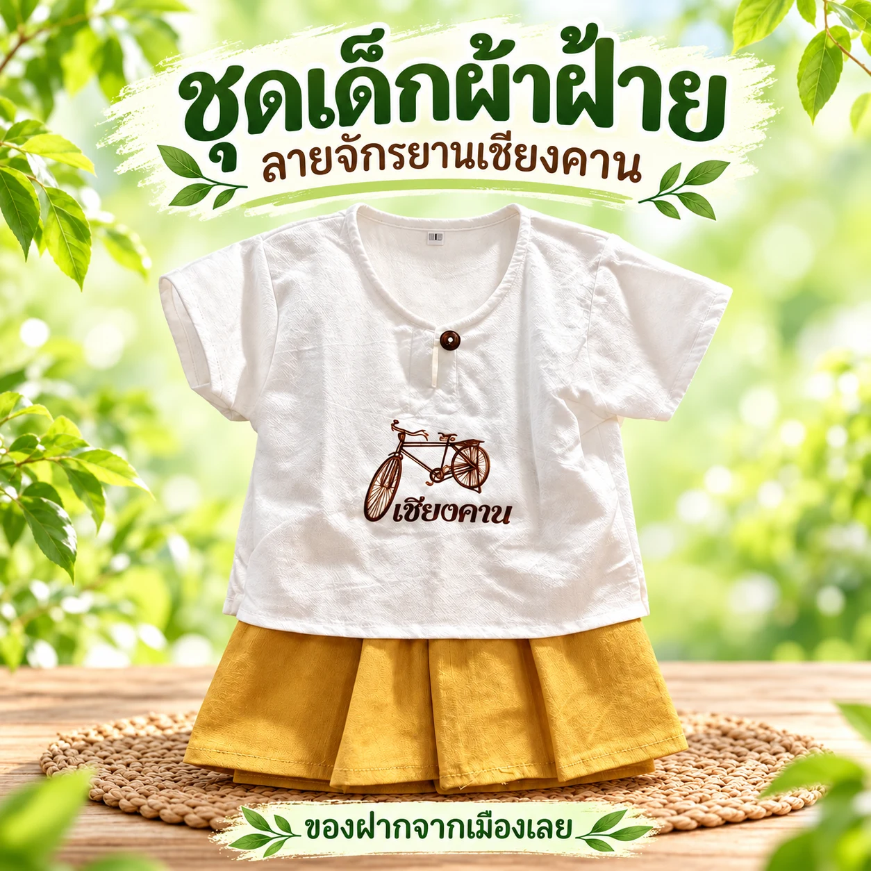 ชุดเด็กผู้หญิงผ้าฝ้าย ลายจักรยานเชียงคาน