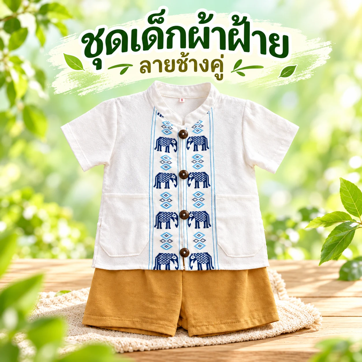 ชุดเด็กผู้ชายผ้าฝ้าย ลายจักรยานช้างคู่